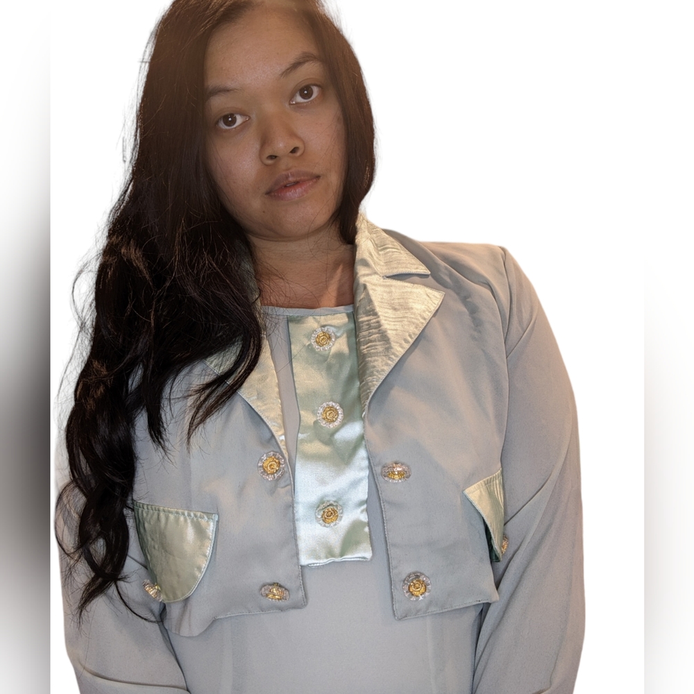 Vintage 90s Diva Sage Green Maxi Dress and Bolero Set Gold Buttons Size S/M